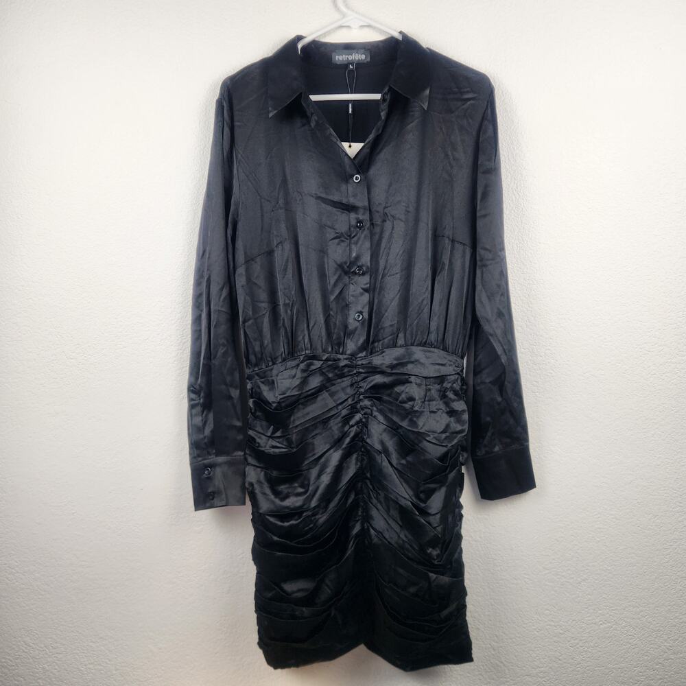 Retrofete Natalia Black Dress Satin Size Large Ruched Skirt Long Sleeve NWT